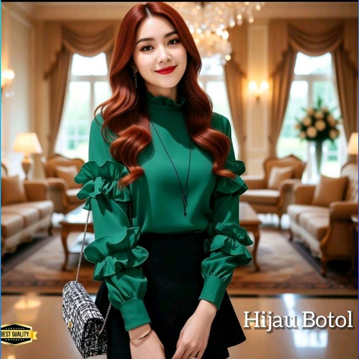Tunik Muslim Blouse Wanita Jieun Kemeja Blus Outfit Dewasa Blus Korean Style Hijau Botol