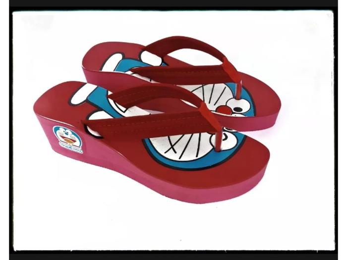 Sandal Wedges Wanita Kartun Sendal Jepit Wedges Doraemon