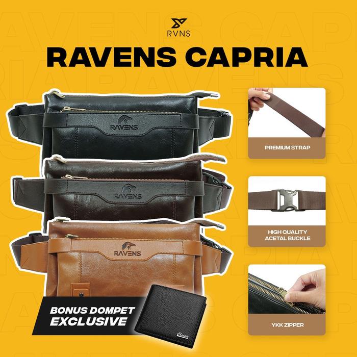 (Free Dompet) Tas Selempang Pria Rvns Capria - PU Leather / Waistbag / Keren / Banyak Ruang Lega