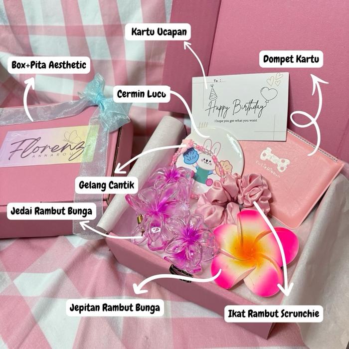 Hampers Gift Box Pink Biru Hijab Pashmina / Hijab Voal / Daster / Aksesoris Lucu - Hampers  Hadiah U