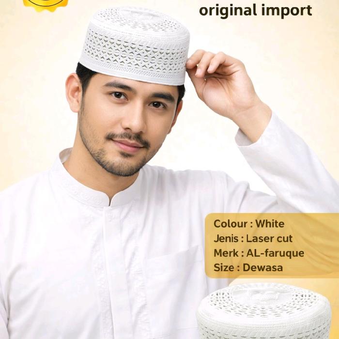 AL-faruque Peci Madinah Bugis Original Import Size Dewasa Laser Cut Warna Putih untuk Pria