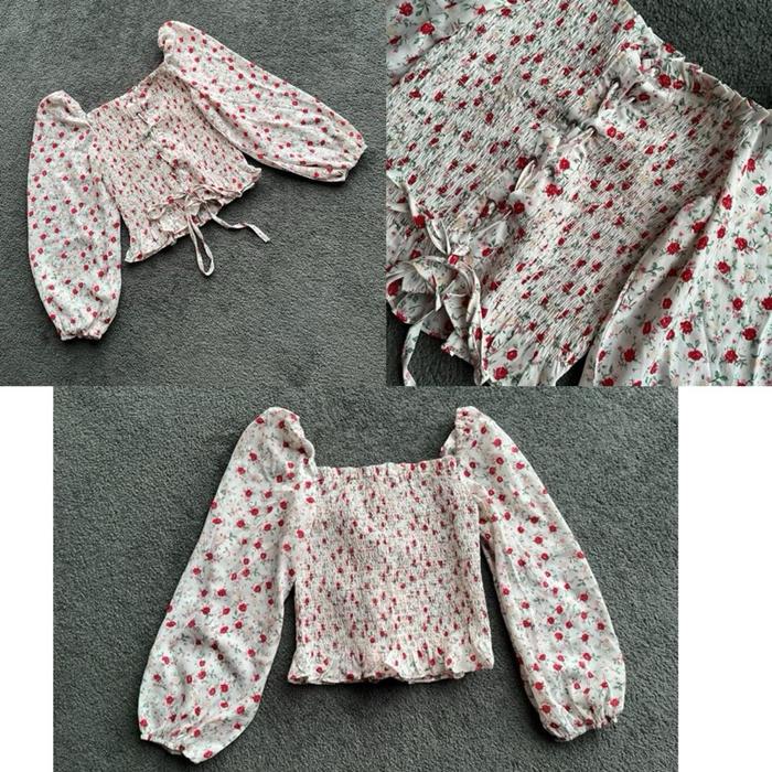 Atasan bunga kecil merah smock serut pita