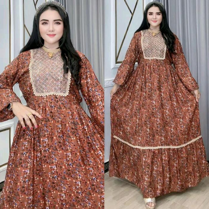 Baju Wanita Saldita Salvina Bedita – Gamis Katun Rayon Busui Resleting Depan Renda Dada Lengan Balon