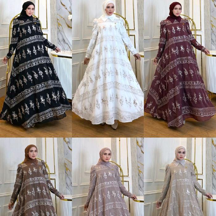 Nona Dianda Dress Set 2 in 1 Gamis Bahan Ceruty Sari India Bordir Hijab All Size Pb 140cm Simple Can