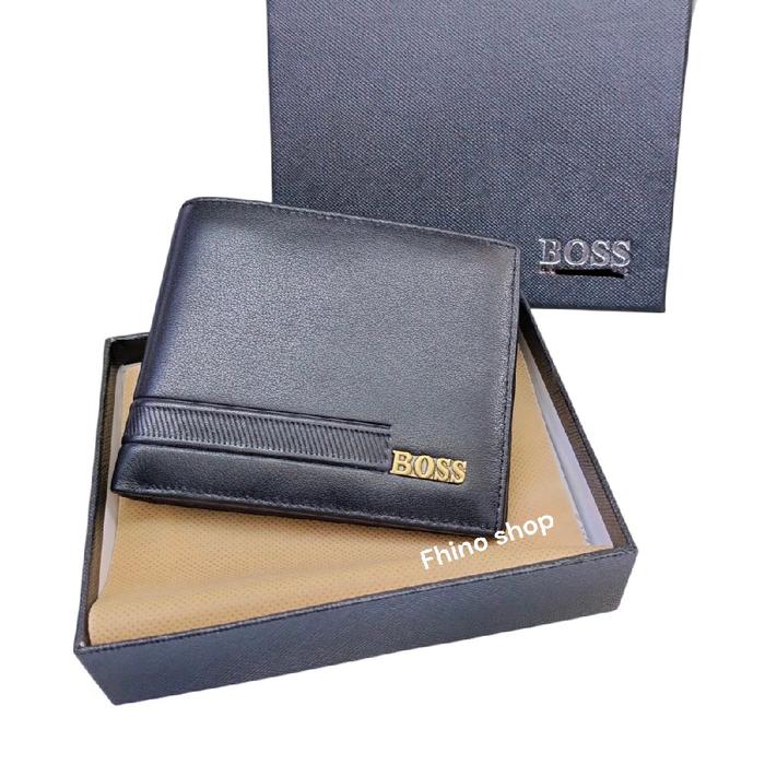 BOSS Dompet pria kulit asli original import lembut dan elastis Hitam pekat  full box / Dompet kulit 