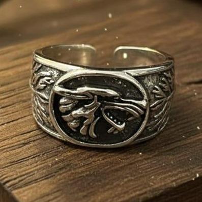 Cincin Pria Ukiran Serigala Fenrir / Fenrir Wolf Carving Ring Gaya Retro Ukuran Adjustable