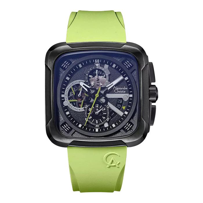 Jam Tangan Pria Alexandre Christie Chronograph AC 6577 MC RIPBALE Men Black Dial Light Green Rubber 