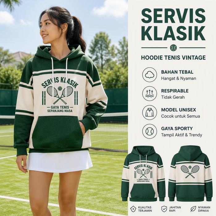 Hoodie Tennis Vintage Servis Klasik Unisex Warna Hijau Cream Oversize Bergaya Sporty Dengan Saku Dep