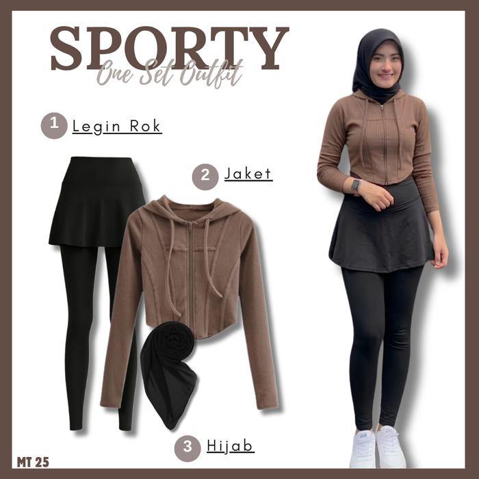 Setelan Wanita Olahraga Hijab Kekinian 4in1 ( Leging Rok,  Jacket Hoodie Long Slevee, Hijab Bella Sq