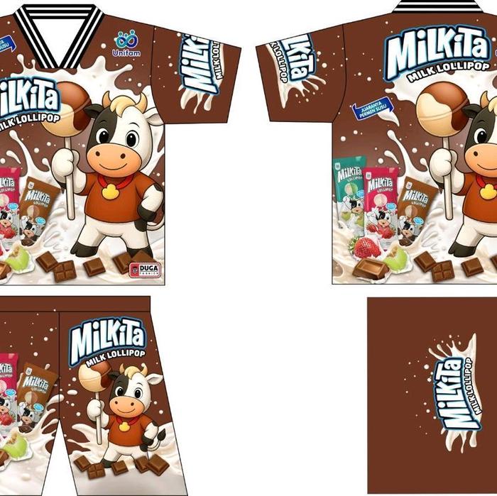 Setelan Anak Jersey Milkita Milk Lollipop dengan Desain Karakter Sapi dan Warna Cokelat