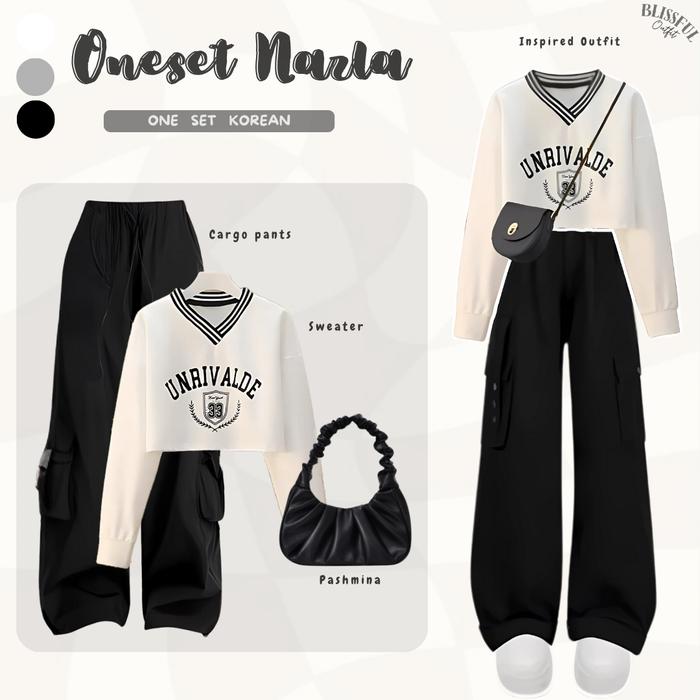 Nazla One set Wanita / Atasan Baju Sweater Crop Putih / Bawahan Celana Cargo Loose Pants Hitam Kanto