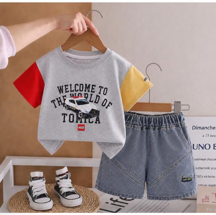 setelan anak laki-laki dan perempuan denim tomica police keren ukuran 1-5 tahun terbaru ootd anak ke