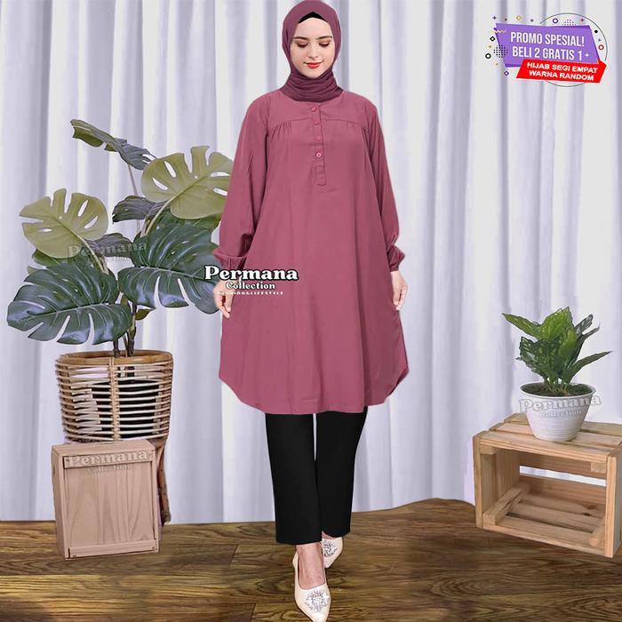 Baju Atasan Wanita Tunik Jumbo Kemeja Muslim Lengan Panjang Warna Ungu Muda Trendy Dewasa Rayon Katu