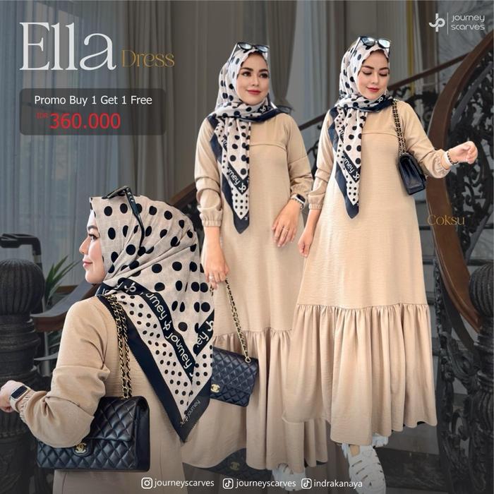 Journey Scarves Ella Dress Gamis Simpel Kekinian Terbaru JP Lengan Kerut Rample Busui Friendly Mater