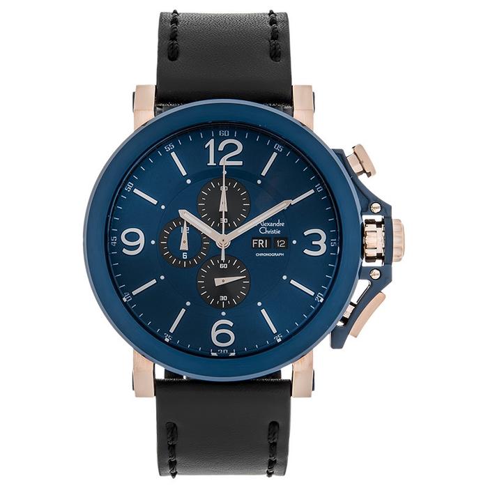 Jam Tangan Pria Alexandre Christie Chronograph AC 6281 MC LURBU Men Blue Dial Black Leather Strap