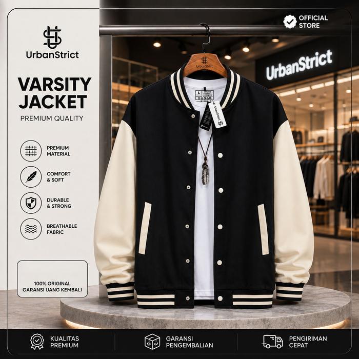 Urbanstrict - Varsity Baseball Jacket Distro Unisex Polos Jaket Varsity Hitam Cream