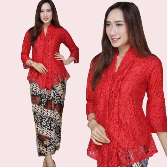 Setelan Kebaya Modern New Floy Bahan Brukat Warna Merah Model Terbaru Dress Wanita Brokat Katun Full