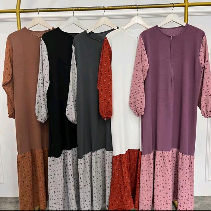 Fauziah Dress Kombinasi Rempel Motif Bunga Gamis Wanita Muslim Mewah (Free bros)