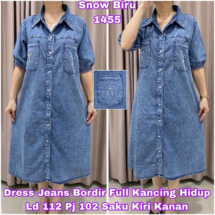 Dress Tunik Jeans Snow Denim Bordir Saku Motif Pita Kode 1455 Jumbo 3L Ld110 Pj102 Kancing Hidup Len