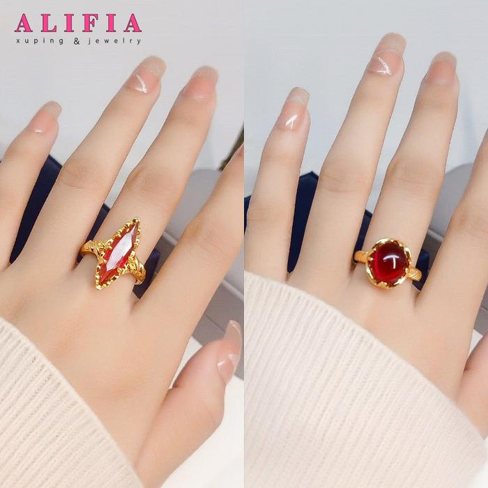 Cincin Batu Merah Delima Dewasa Pria Dan Wanita Lapis Emas Titanium