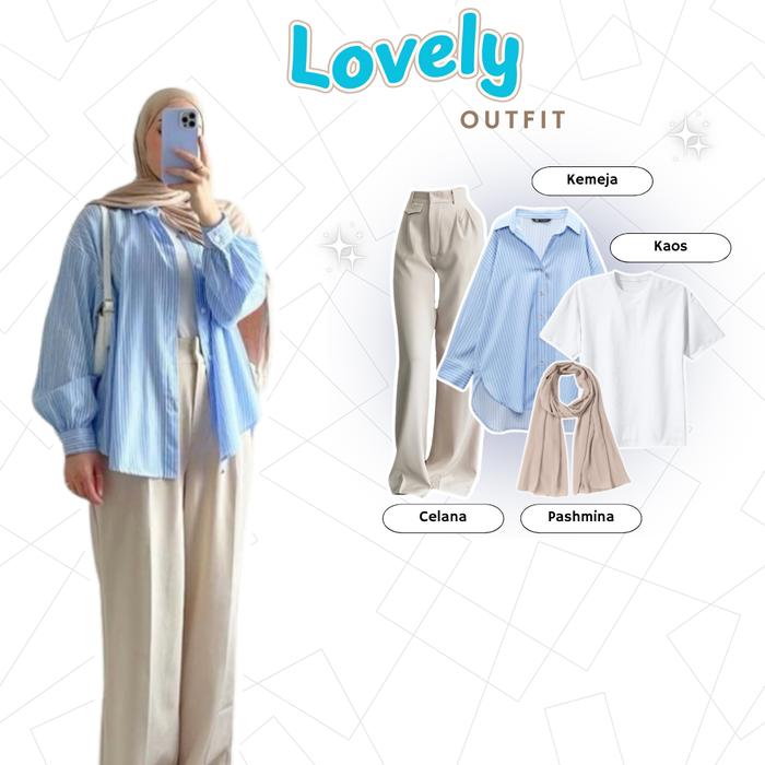 ONE SET 4 IN 1 Setelan Wanita (Basic Kemeja Salur, Oro Pants, Hijab, Kaos) Outfit Korea OOTD Ngantor