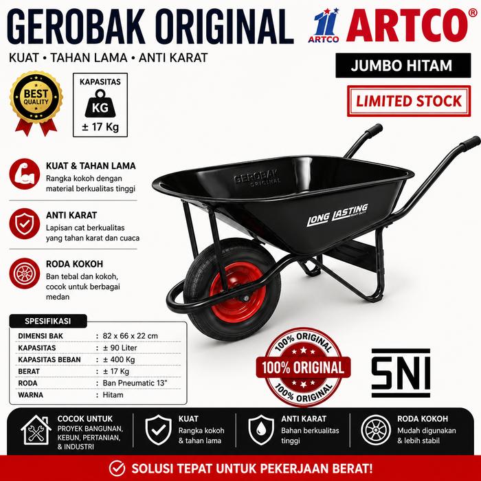 [INSTANT] Artco Gerobak Sorong Dorong Pasir Cor Jumbo Black HS-600 Kapasitas 6,0 Kubik Roda Pneumati