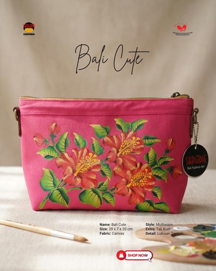 SHAGIDA BALI FASHION ART Tas Canvas Kulit Selempang Lukis Bunga Premium Waterproof 100% Hand Painted