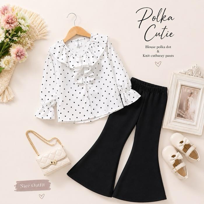 Azkids13 One Set Veronika Setelan Anak Perempuan Polkadot Celana Cutbray 2-10Thn Bahan Syakila