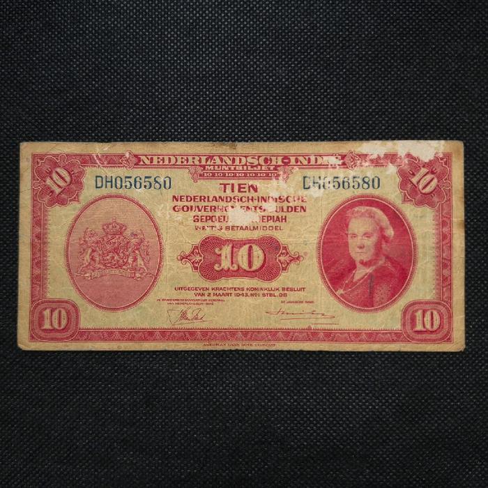 Uang Kertas 10 Gulden NICA Wilhelmina Tahun  1943  - DH 056580