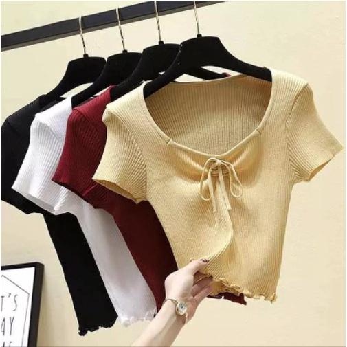 RELIS TOP RIB KOREAN BLOUSE ATASAN WANITA CROP TOP DENGAN DESAIN V NECK DAN LACURAN DEPAN