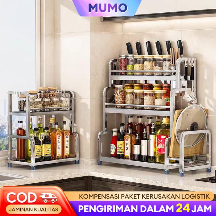 Rak Bumbu Rak Dapur Stainless Steel Rak Meja Makan Serbaguna Rak Bumbu 3 Susun