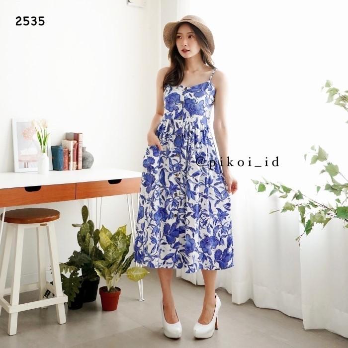 V♪NN MAXI DRESS WANITA KATUN RAYON MOTIF BUNGA BIRU / TANKTOP DRESS HNM W♥DX