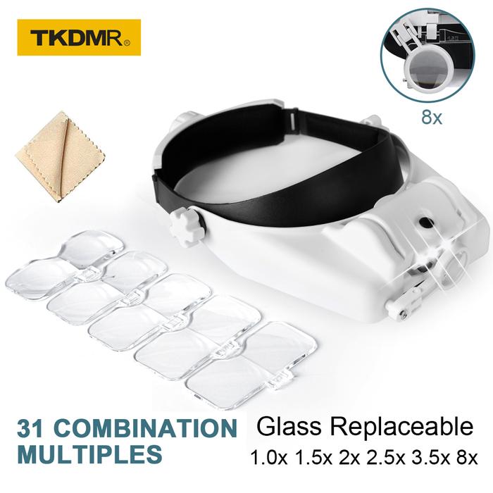TKDMR Headband Kaca Pembesar Diterangi Kaca Pembesar dengan 3Led