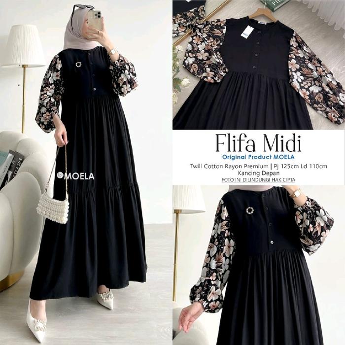 MOTIF LENGAN RANDOM - Midi Kombinasi Hitam Seris Busui Dengan Kancing Depan Bahan Katun Rayon Adem N
