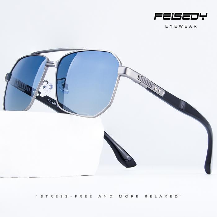 FEISEDY Sunglasses Kacamata Hitam pria Square Polarized Polygon Lens Anti UV400 Ringan Nyaman Sehari