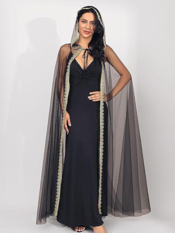 Bride's Black Mesh Shawl with Gold Lace Edging Cape Cloak