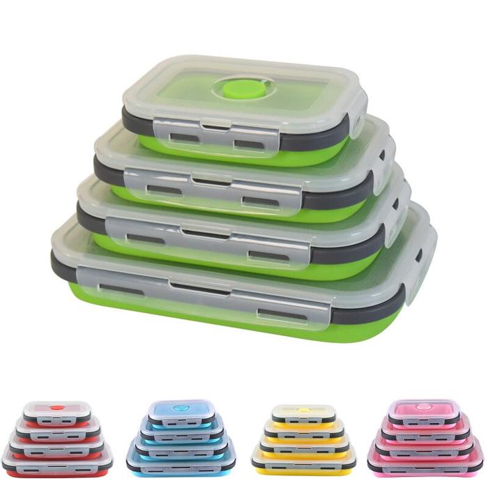 4PCS Foldable Silicone Lunch Box Portable Microwave Heated Lunch Box