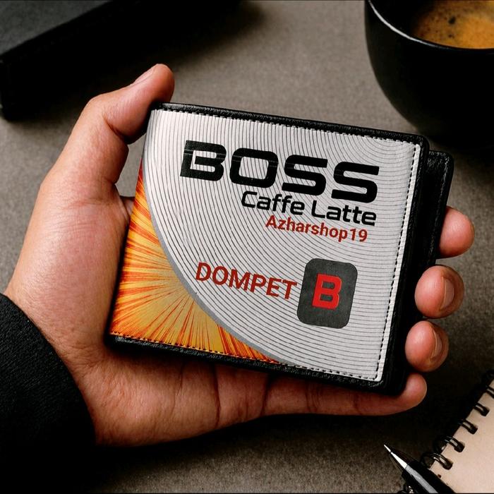 Dompet Pria Model Terbaru Original Distro Logo BOSS Cafe Late Bahan Kulit Warna Putih dan kuning Des