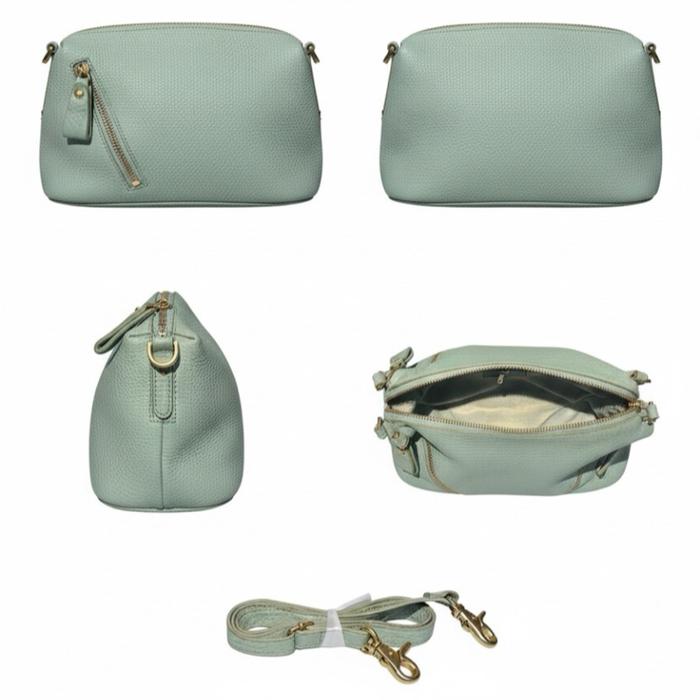 Tas Selempang Mini Kulit Sintetis Tekstur Jeruk Warna Mint Lembut dan Tali Panjang Lepas Pasang.