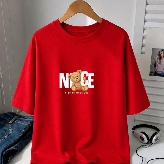baju kaos distro fashion motip tulisan NICE, dan Beruang