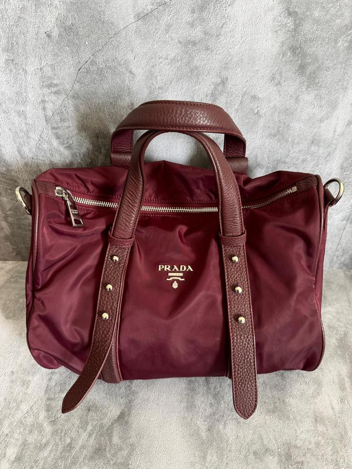 Prada Nylon Tessuto Soft Calf Tote Granato