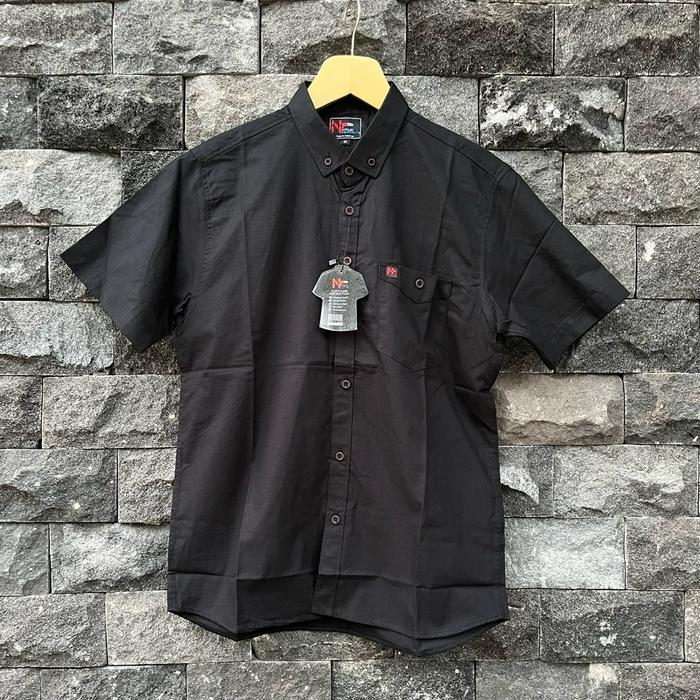 Kemeja Polos Pria Lengan Pendek Premium Warna Hitam Kain Katun Nyaman Linen Slimfit Kantor Casual Ra