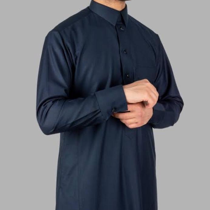 Busana Muslim Jubah Gamis Al Aseel - Premier Manset Laki Pria Hitam Polos Model Kemeja Berkera Lipat