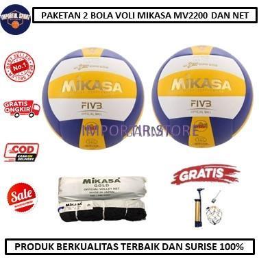 paket bola Voli MV2200 Super Gold dan net volly mikasa gold-1bola 1net Olahraga Pompa Ball Outdoor