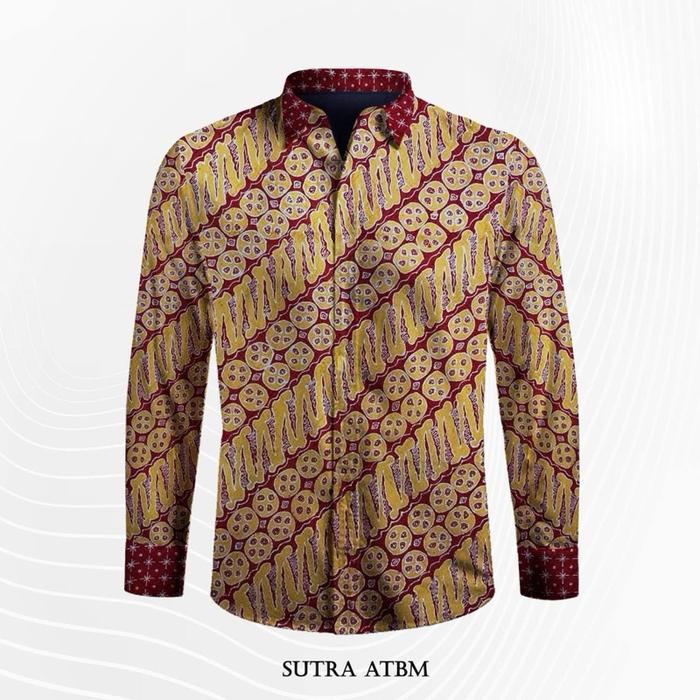 Sutra ATBM batik tulis bahan pola Kemeja Batik Pria Motif Elegan Warna Merah & Kuning Desain Modern 