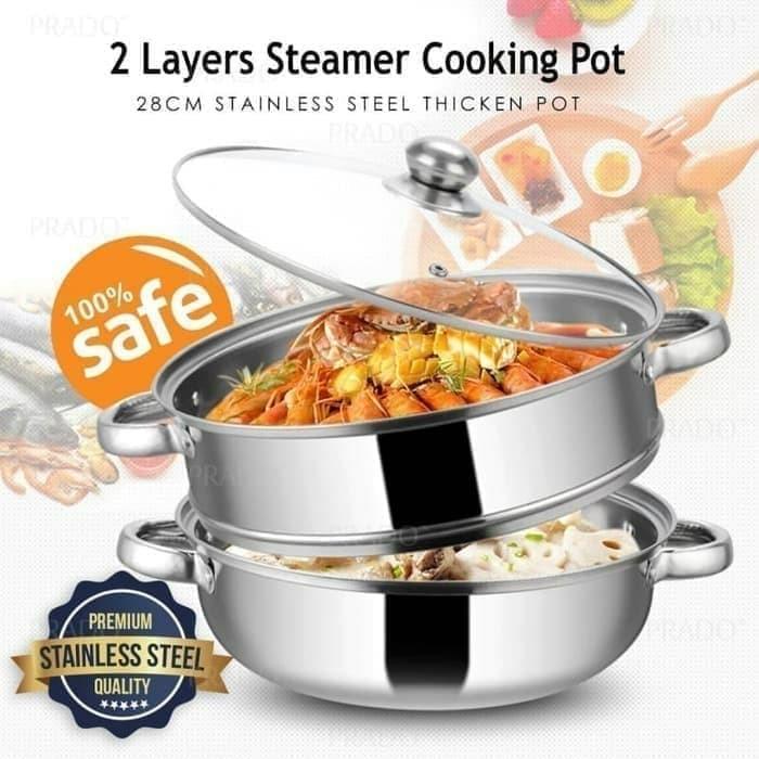 Panci Kukus Texania Susun 2 uk 28cm Steamer Stainless Steel Tutup Kaca