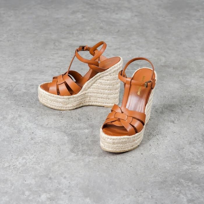 Sepatu YSL SAINT LAURENT T BROWN STRAP WEDGES 12CM ESPADRILLES 100% ORIGINAL