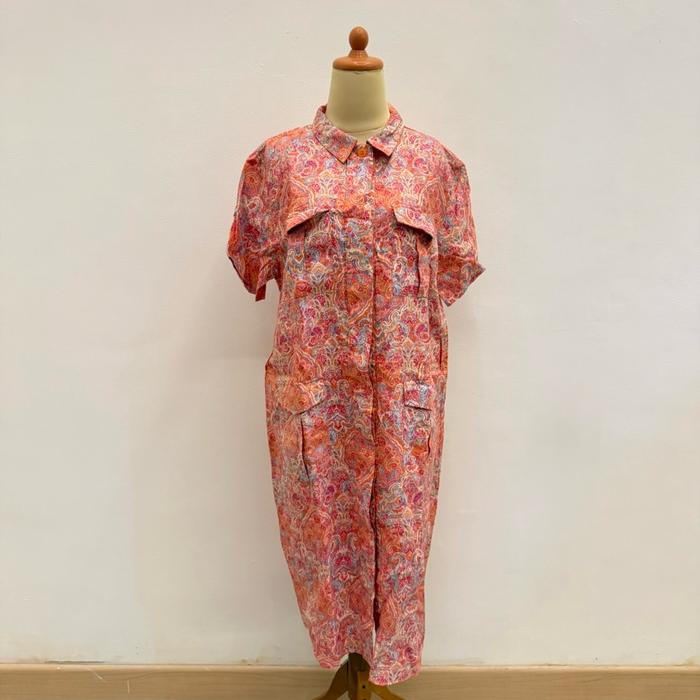 PRELOVED Mamitoko By Desiree Pink Orange Batik Print Short Sleeve Buttons Midi Long Dress Fashion Wa