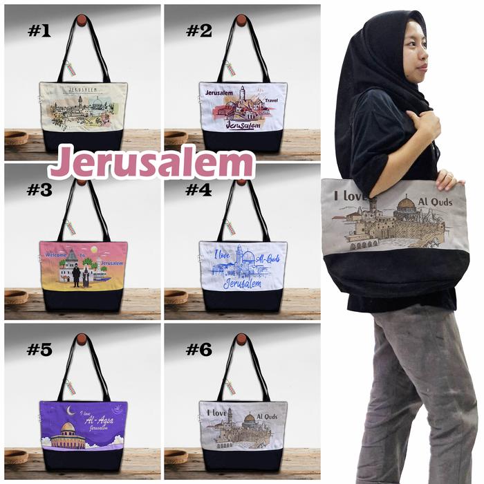 TOTE BAG JERUSALEM TAS SOUVENIR OLEH OLEH, TALI WEBING READY 6 MOTIF