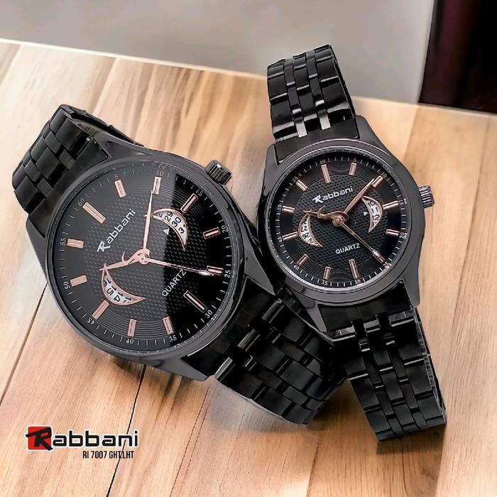 Rabbani 7007 Ght/Lht, Jam tangan Couple, Rantai hitam, Mesin tanggal aktif, water resistant.